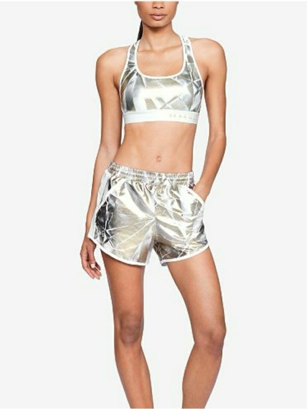 NWT; ⭐️Under Armour Metallic Crop Top Fly By Shorts 2 Piece Set⭐️